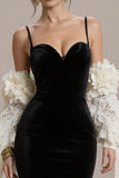 Black Velvet Spaghetti Straps Mermaid Long Black Tie Dress