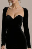 Black Satin Sweetheart Bodycon Short Cocktail Dress with Long Sleeves