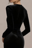 Black Satin Sweetheart Bodycon Short Cocktail Dress with Long Sleeves