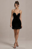 Black Velvet Bodycon Spaghetti Straps Short Cocktail Dress