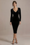 Black Velvet V-Neck Bodycon Midi Cocktail Dress with Long Sleeves