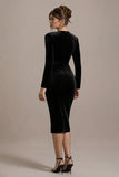 Black Velvet V-Neck Bodycon Midi Cocktail Dress with Long Sleeves
