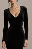 Black Velvet V-Neck Bodycon Midi Cocktail Dress with Long Sleeves