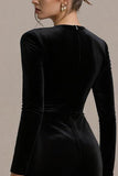 Black Velvet V-Neck Bodycon Midi Cocktail Dress with Long Sleeves