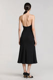 Simple Black Satin Spaghetti Straps Sheath Long Formal Dress