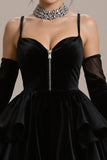 Black Velvet Ruffled Tiered A Line Short Cocktail Dress