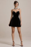 Simple Black Velvet A Line Spaghetti Straps Short Cocktail Dress with Lace