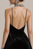 Simple Black Velvet A Line Spaghetti Straps Short Cocktail Dress with Lace