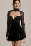 Sparkly Black Velvet Beaded A Line Short Cocktail Dress with Long Sleeves
