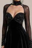 Sparkly Black Velvet Beaded A Line Short Cocktail Dress with Long Sleeves