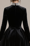 Black Velvet A Line Midi Cocktail Dress with Long Sleeves