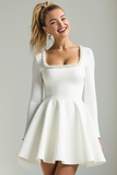 Square Neck A Line Satin Little White Dress