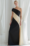 Black and White One Shoulder Satin Sheath Evening Dress