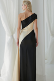 Black and White One Shoulder Satin Sheath Evening Dress