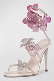 Sparkly Pink Beaded Strappy Stiletto Heel Sandals with 3D Flowers