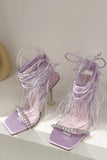 Sparkly Fuchsia Strappy Stiletto Heel Sandals with Feather