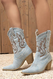 Dark Blue Wide Calf Pointed Toe Chunky Heel Embroidered Cowgirl Boots