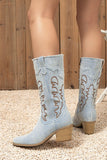 Dark Blue Pointed Toe Mid Calf Chunky Heel Embroidered Cowgirl Boots