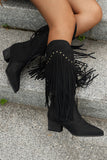 Brown Leopard Wide Calf Chunky Heel Cowgirl Boots with Fringes