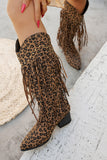 Brown Leopard Wide Calf Chunky Heel Cowgirl Boots with Fringes