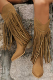 Brown Leopard Wide Calf Chunky Heel Cowgirl Boots with Fringes