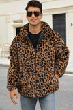 Coffee Leopard Faux Fur Men's Winter Coat with Pockets