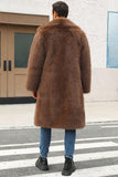 Brown Fluffy Faux Fur Lapel Collar Long Winter Men's Coat