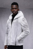 White Faux Fur Zip-Up Hooded Long Sleeve Men's Winter Coat