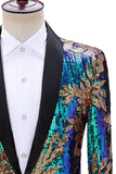 Sparkly Green and Blue Shawl Lapel One Button Men's Prom Blazer