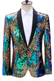Sparkly Green and Blue Shawl Lapel One Button Men's Prom Blazer