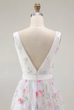 Sparkly Floral White V-Neck Backless A Line Sequin Graduation Dress