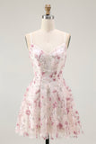 Pink Floral Sequins A Line Short Graduation Dress with Lace Up Back
