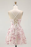 Pink Floral Sequins A Line Short Graduation Dress with Lace Up Back