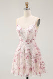 Pink Floral Sequins A Line Short Graduation Dress with Lace Up Back