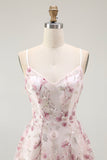 Pink Floral Sequins A Line Short Graduation Dress with Lace Up Back