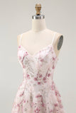 Pink Floral Sequins A Line Short Graduation Dress with Lace Up Back