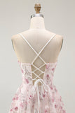 Pink Floral Sequins A Line Short Graduation Dress with Lace Up Back
