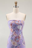 Strapless Purple Floral Sheath Prom Dress with Beading