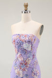 Strapless Purple Floral Sheath Prom Dress with Beading