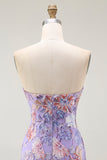 Strapless Purple Floral Sheath Prom Dress with Beading