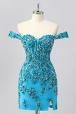 Off The Shoulder Blue Beaded Corset Bodycon Graduation Dress with Appliques