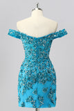 Off The Shoulder Blue Beaded Corset Bodycon Graduation Dress with Appliques