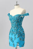 Off The Shoulder Blue Beaded Corset Bodycon Graduation Dress with Appliques