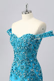 Off The Shoulder Blue Beaded Corset Bodycon Graduation Dress with Appliques