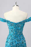 Off The Shoulder Blue Beaded Corset Bodycon Graduation Dress with Appliques