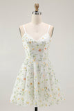 Green Floral A Line Spaghetti Straps Short Graduation Dress