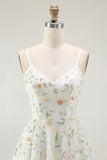 Green Floral A Line Spaghetti Straps Short Graduation Dress