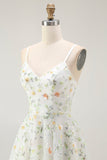 Green Floral A Line Spaghetti Straps Short Graduation Dress