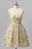 Apricot Floral A Line Illusion Beaded Mini Graduation Dress