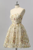 Apricot Floral A Line Illusion Beaded Mini Graduation Dress